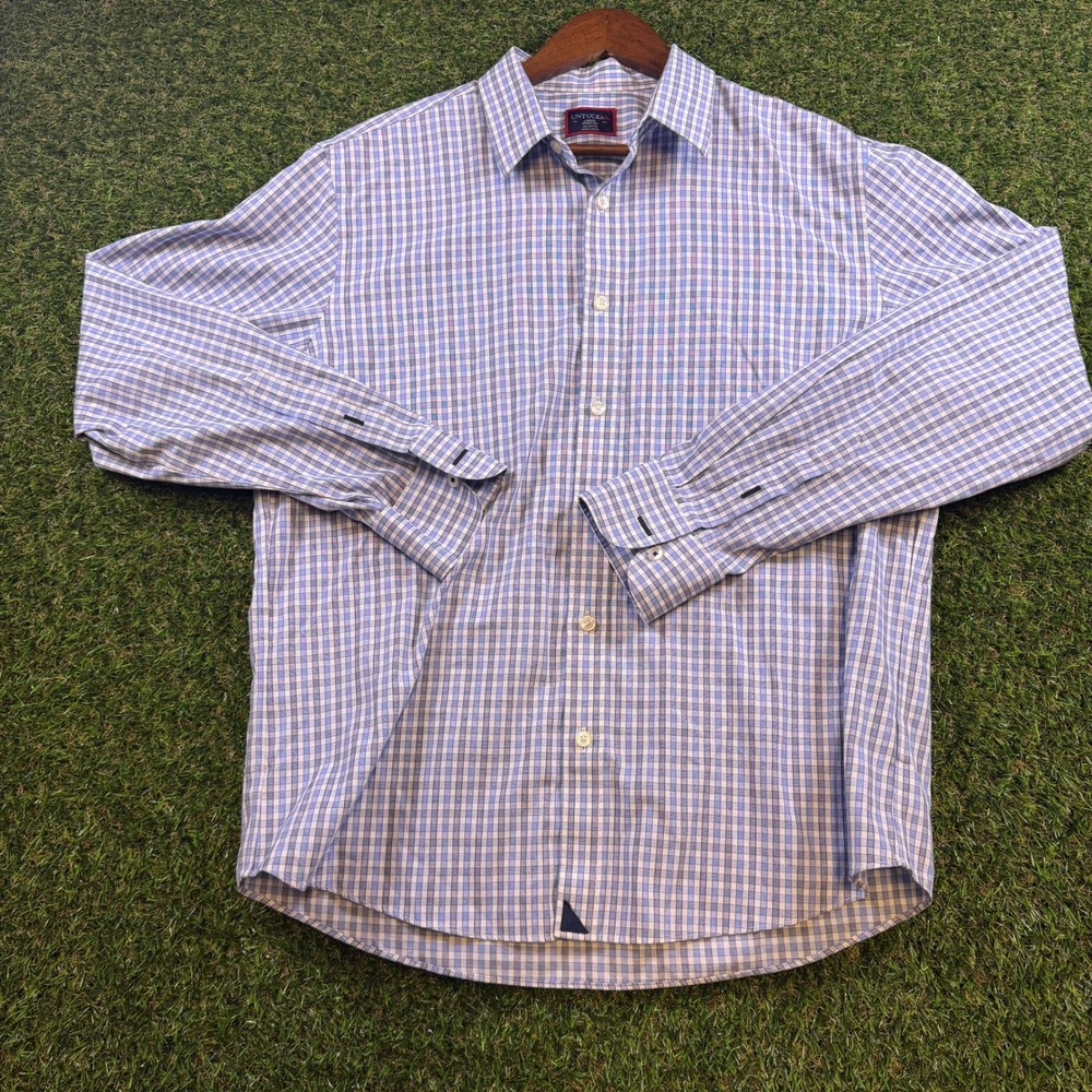 UNTUCKit Mens Large Blue White Plaid Wrinkle Free Cotton Long Sleeve Shirt